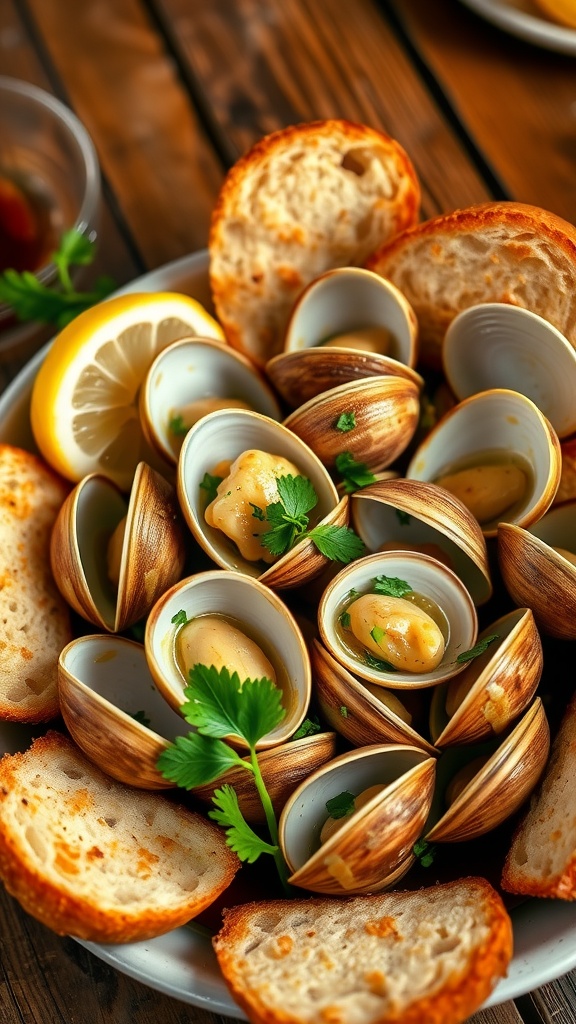 A bowl of garlic butter clams garnished with parsley and lemon, served with crusty bread.